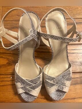 Stuart Weitzman Loop Thru Buff Whips Taupe Snake-Print Slingback Sandals